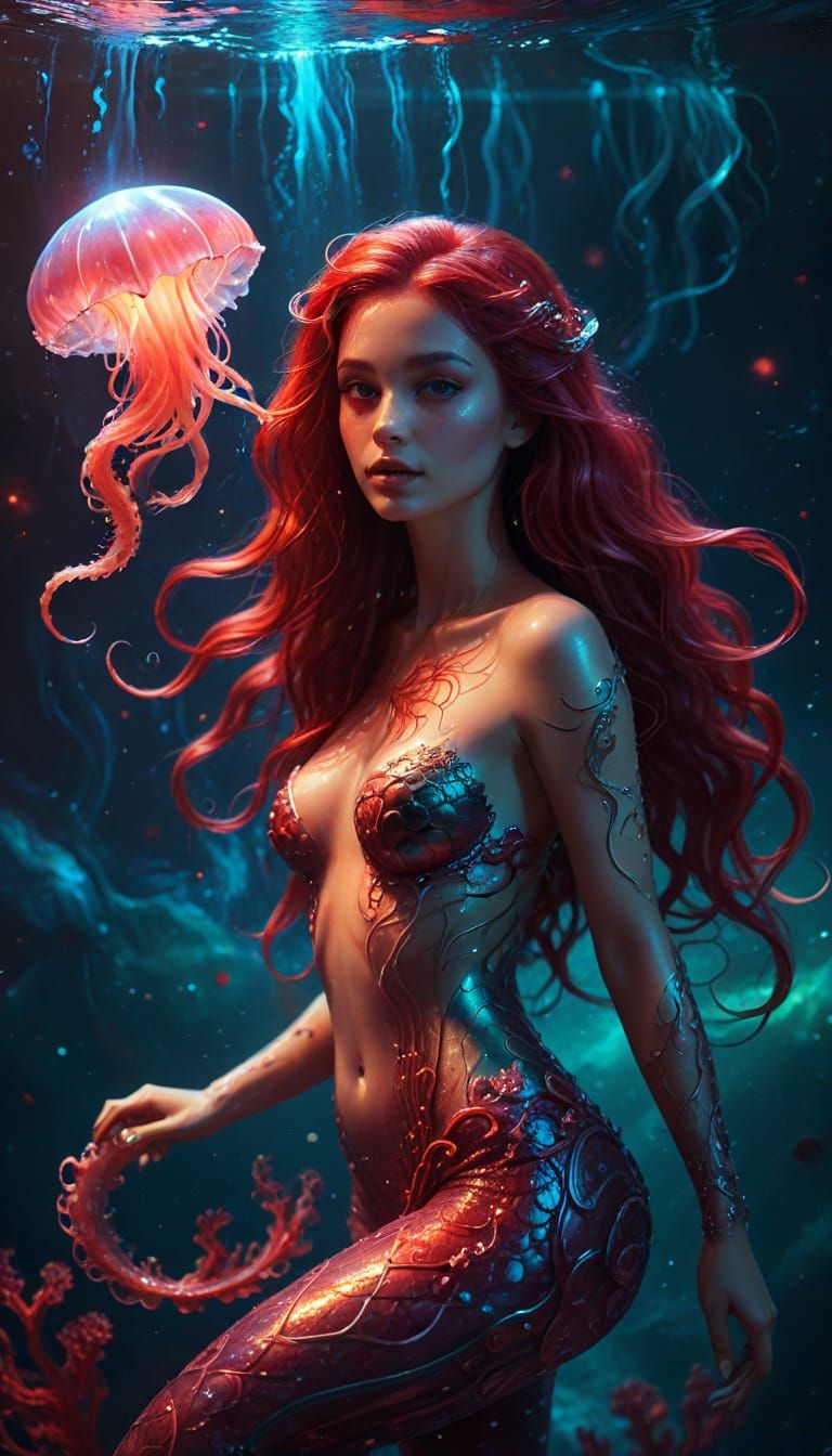 Spectral Mermaid with Bioluminescent Jellyfish in Crimson Wa...