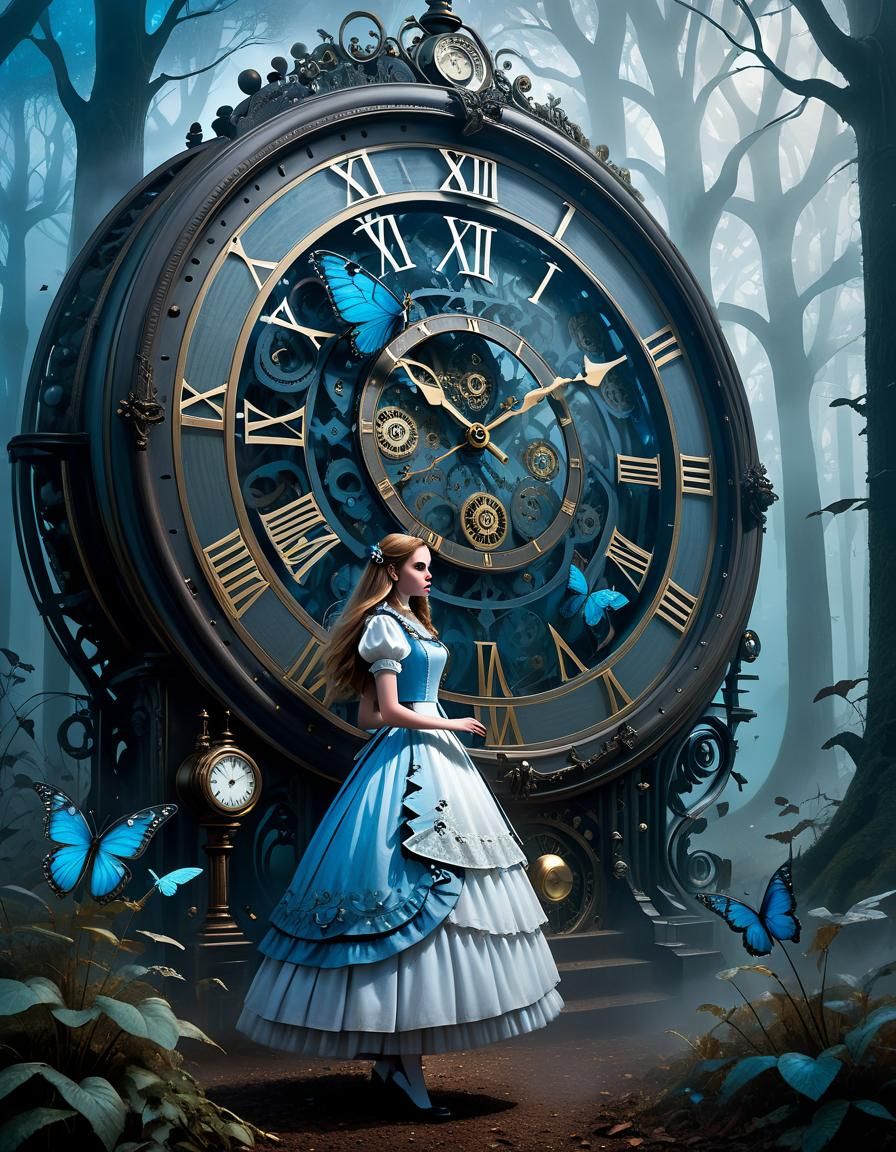 Woman and Colossal Clock in Misty Forest