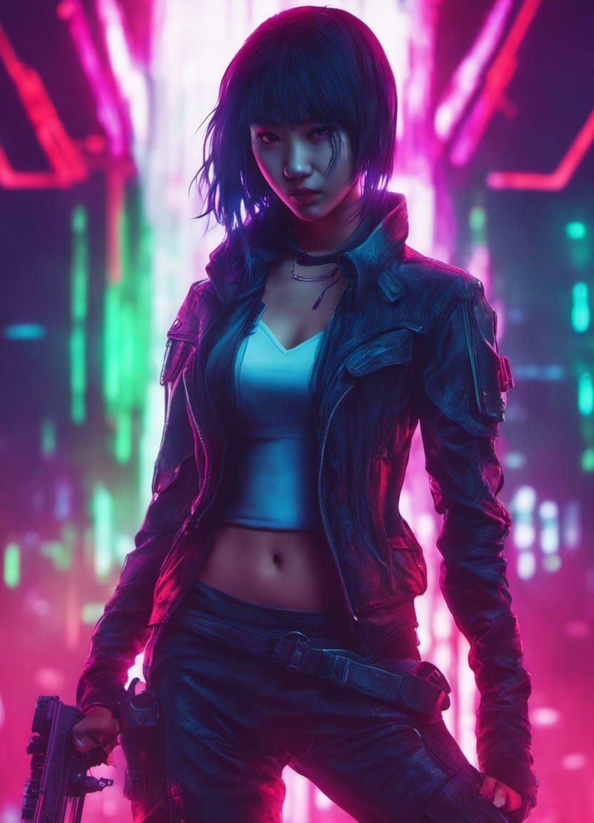 Edgy Asian Assassin in Cyberpunk Neon Scene