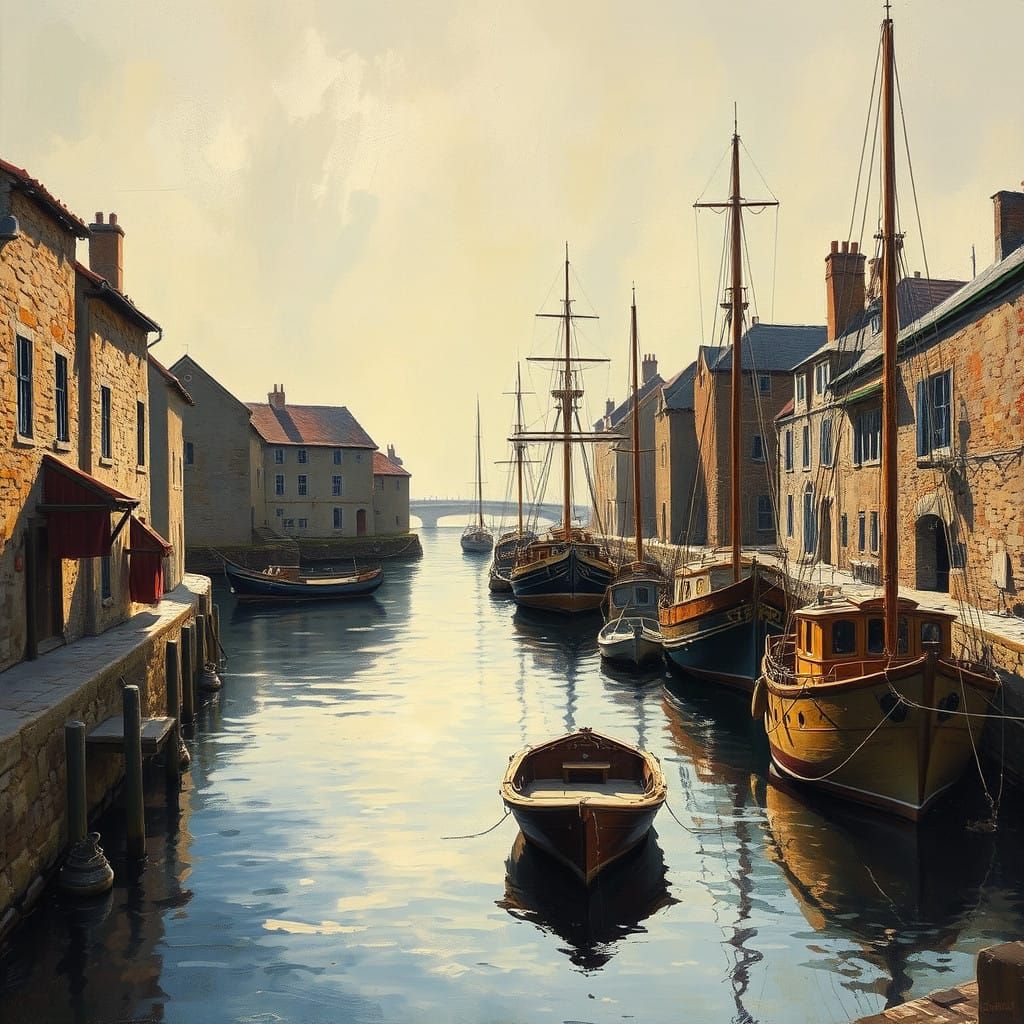 Moored in Golden Light: Vintage Harbor Scene