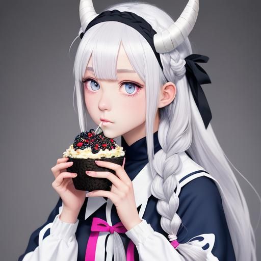 Anime Girl with Braids Eating Cupcake, Manga Style