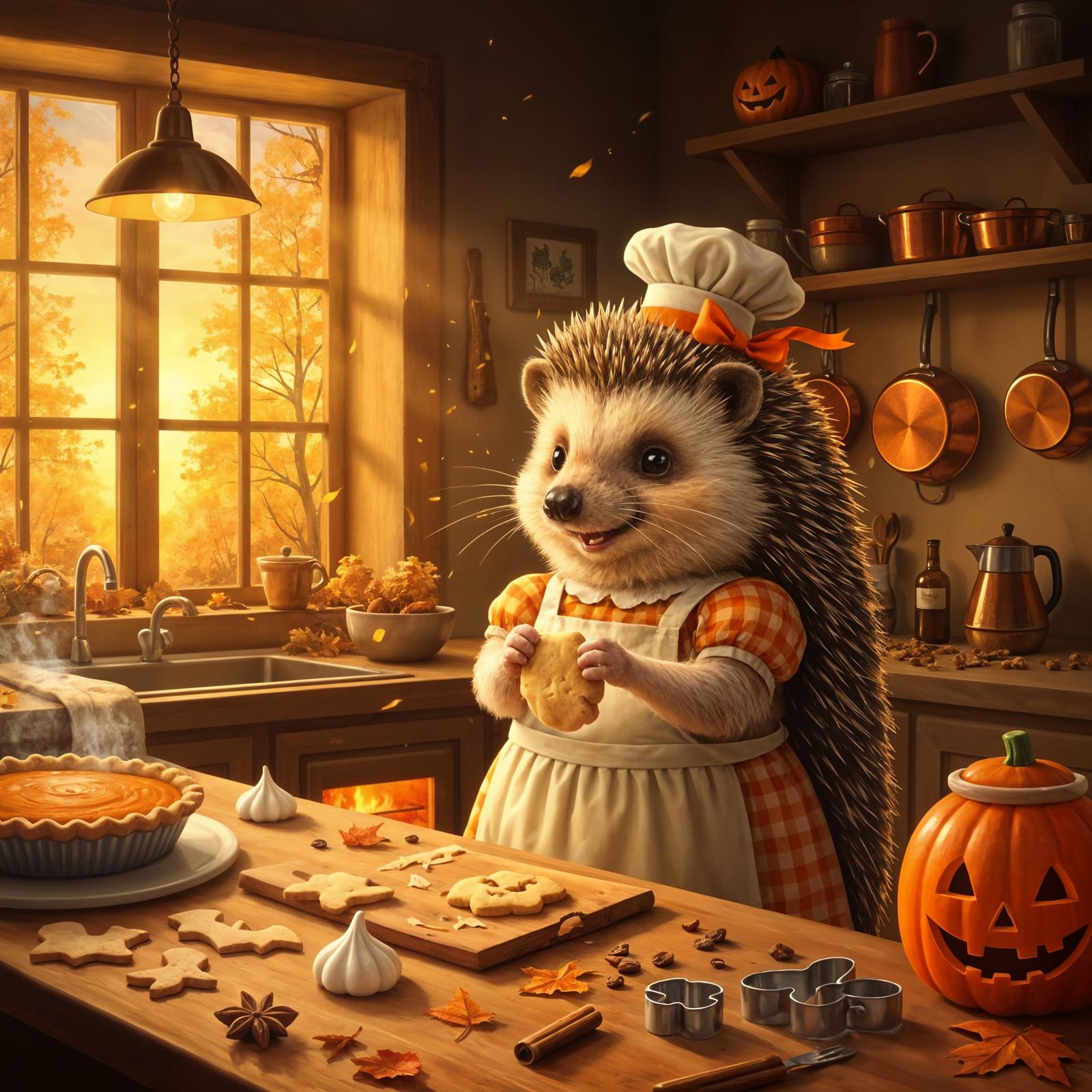 Cozy Autumn Hedgehog Baker in Warm Impressionistic Oil Paint...