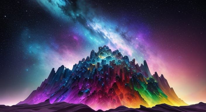 Vibrant Gemstone Mountain Under Celestial Sky
