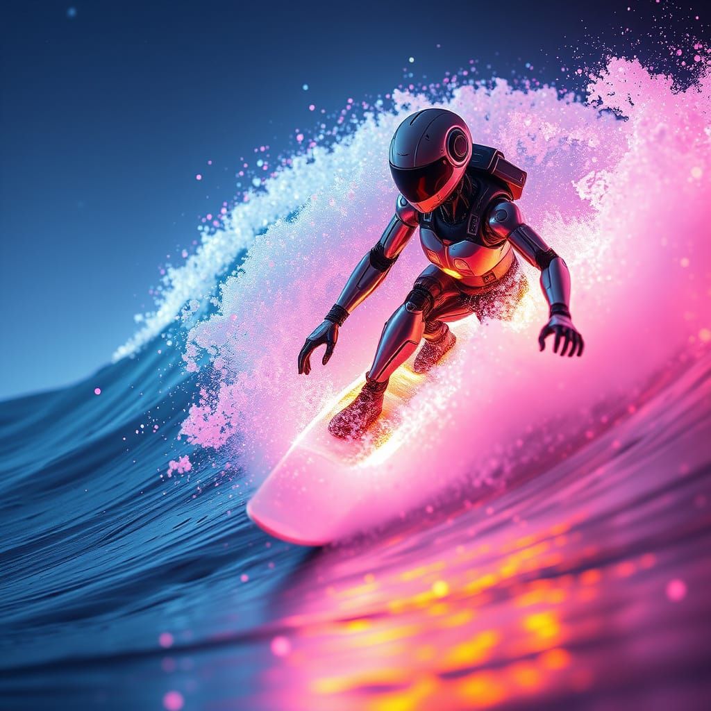 Cybernetic Surfer Rides Galaxy Wave in Neon Arena
