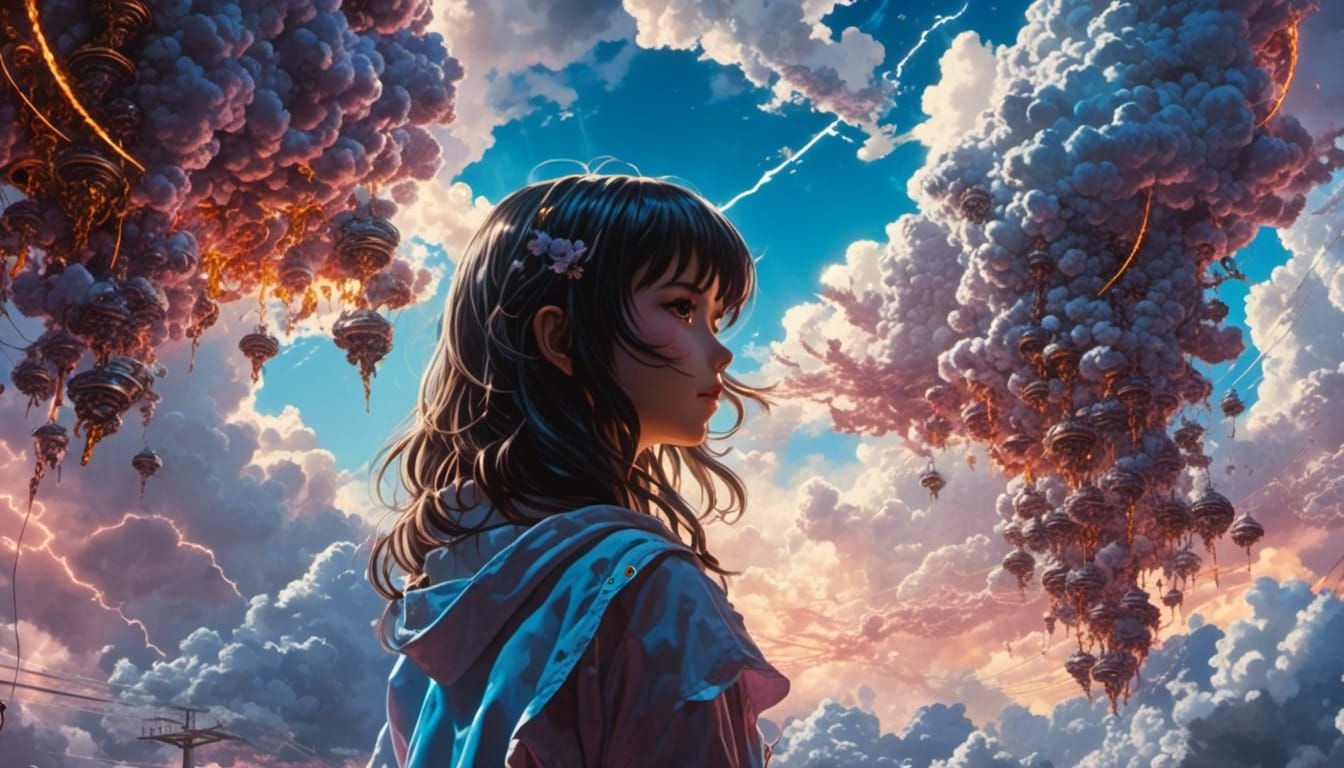 <lora:NeoGraphic Horror XL:1.0> <lora:Worship-Him:1.0> Delicate petite girl falling from heaven to earth, By artist "ani...