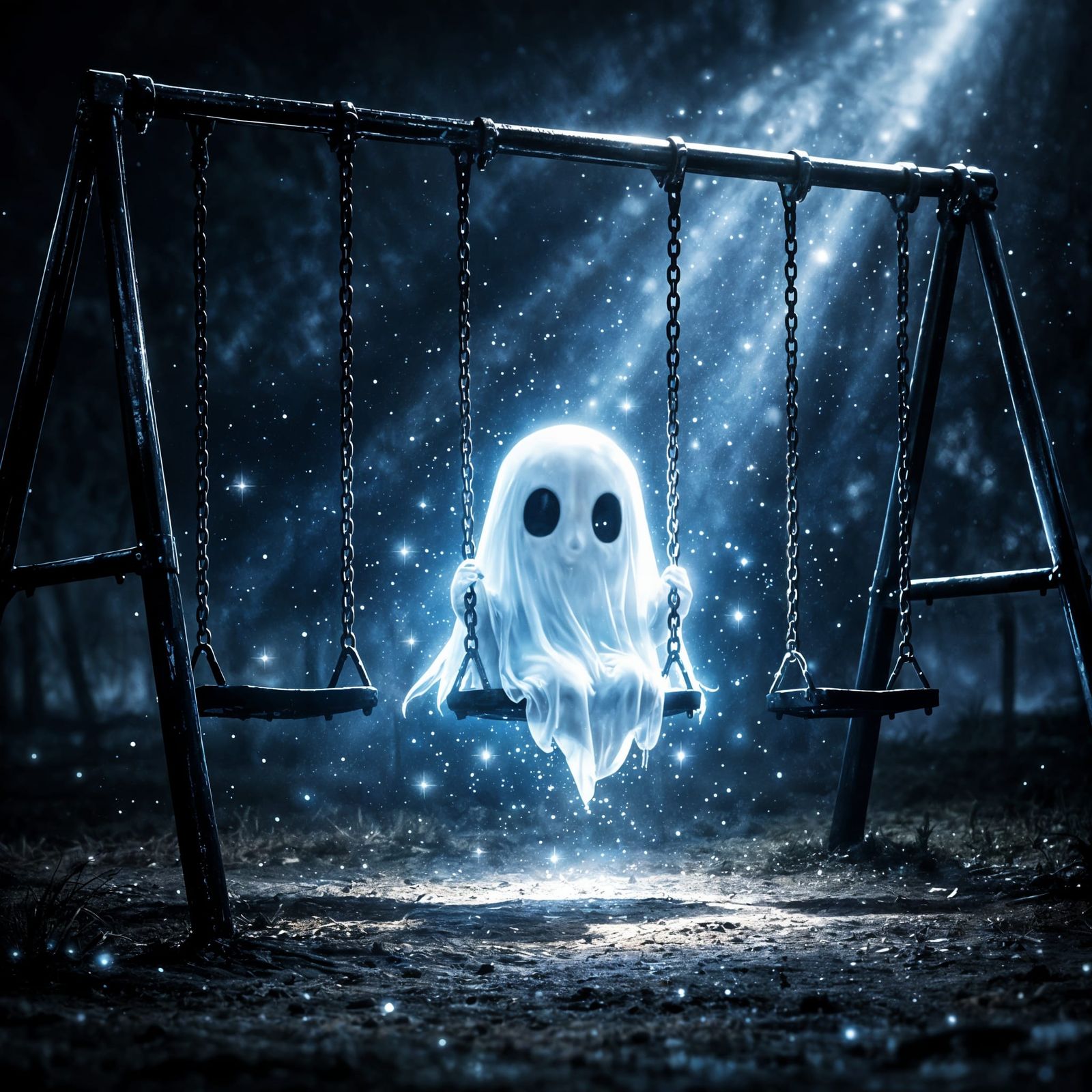 Ethereal Ghost on a Lone Swingset at Night