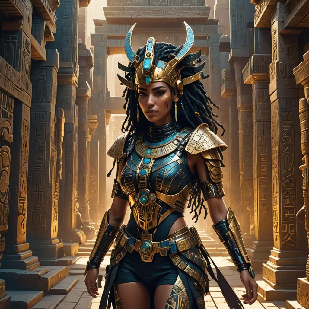 Cyberpunk Egyptian Woman in Ancient Temple