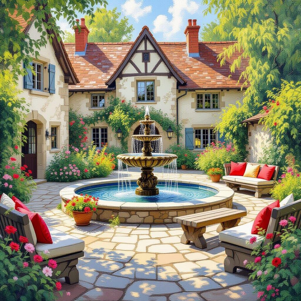 Medieval Manor Garden in Impressionist Style
