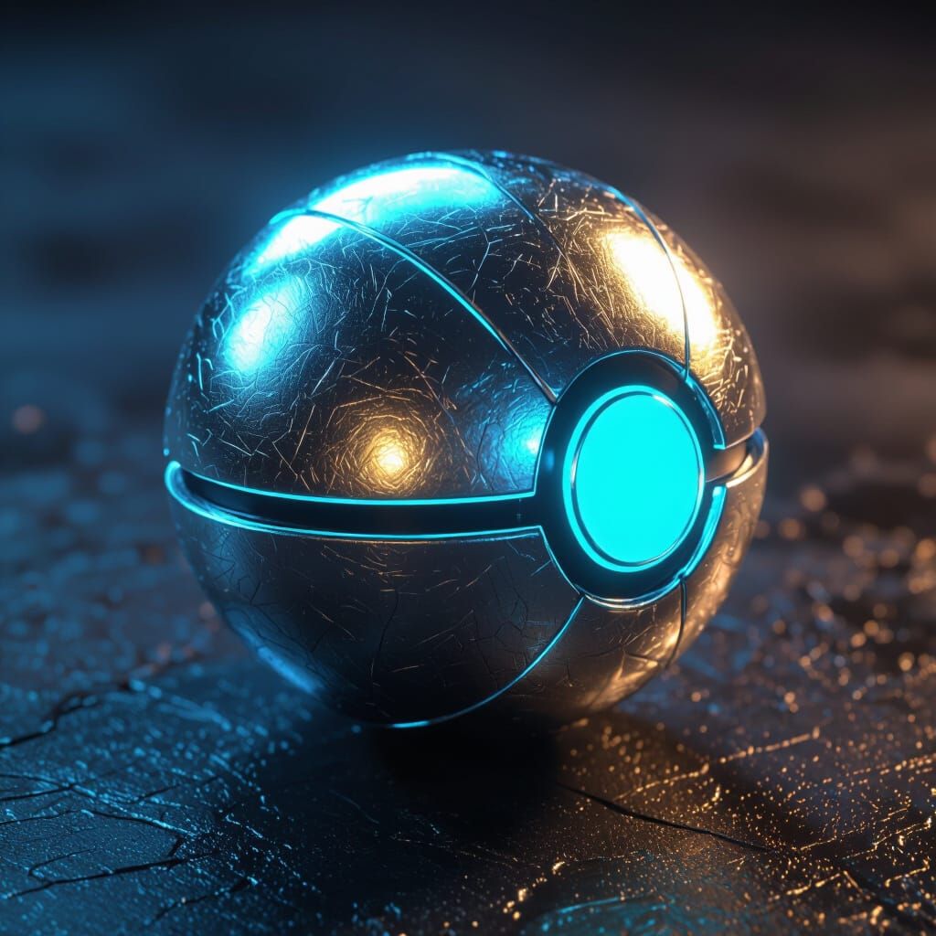Silver and Blue Pokeball in Dramatic 3D Render Style