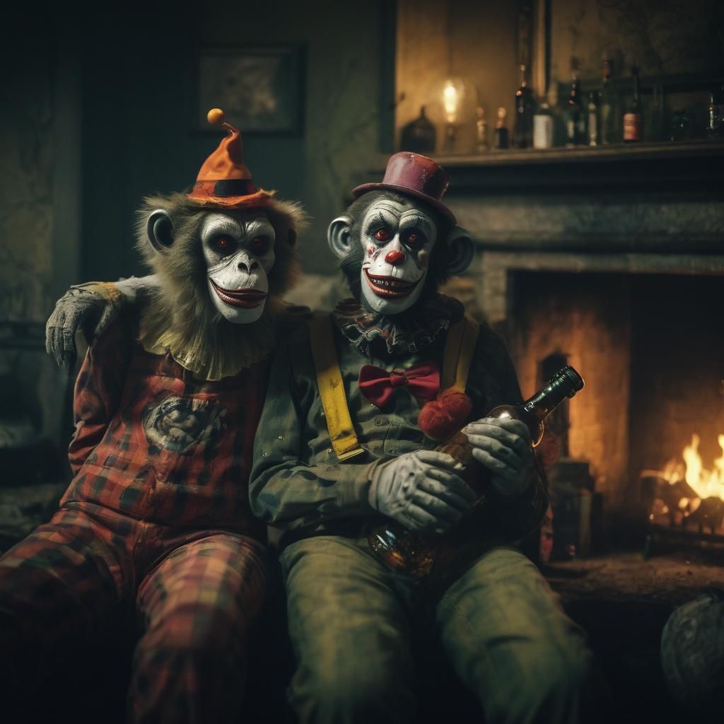 Cinematic Zombie Monkey Clown Couple by Fire