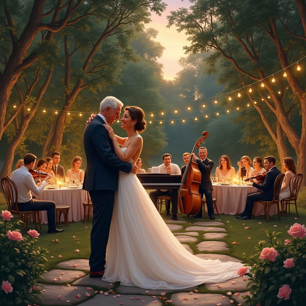 Garden Wedding at Twilight in Painterly Realism Style