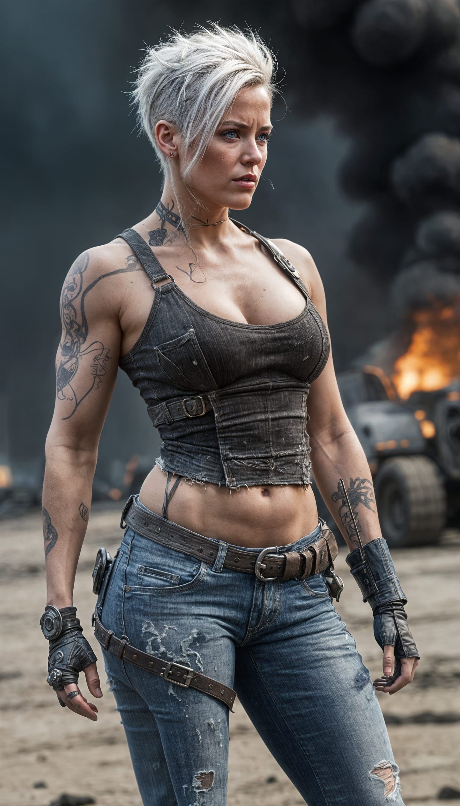 Post-Apocalyptic Woman Walks Away From Explosion