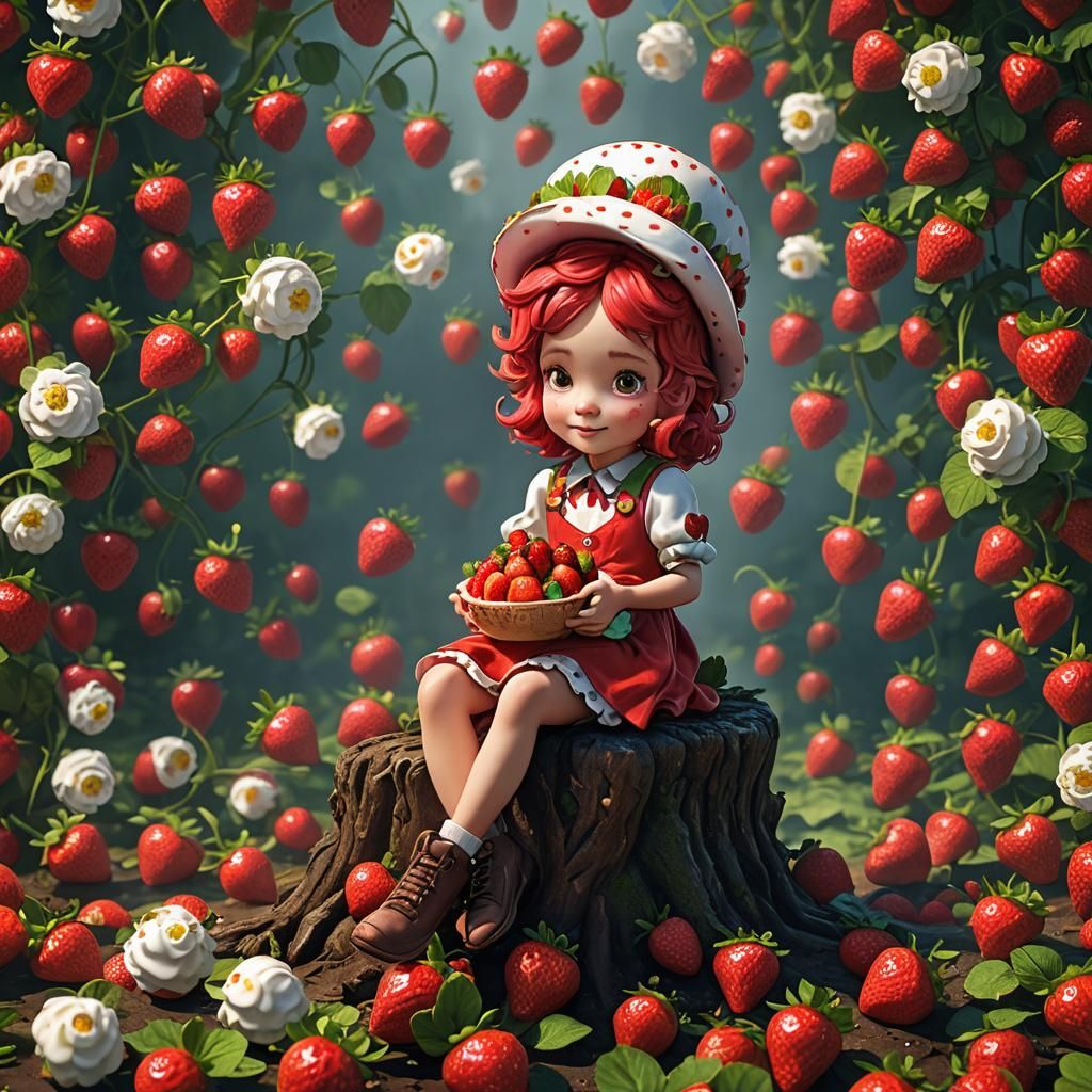 Strawberry Shortcake Girl on Strawberry, Detailed Digital Ar...