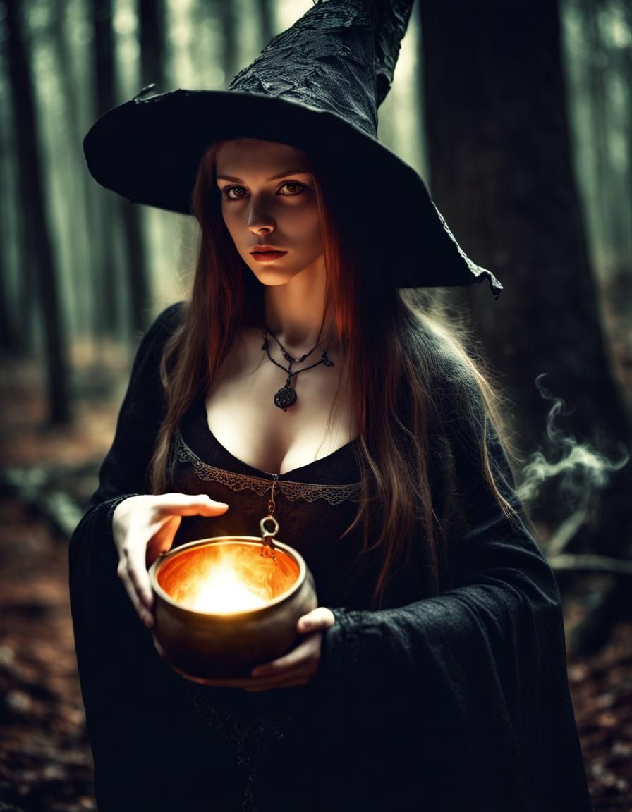 Young Forest Witch with Spell Pot