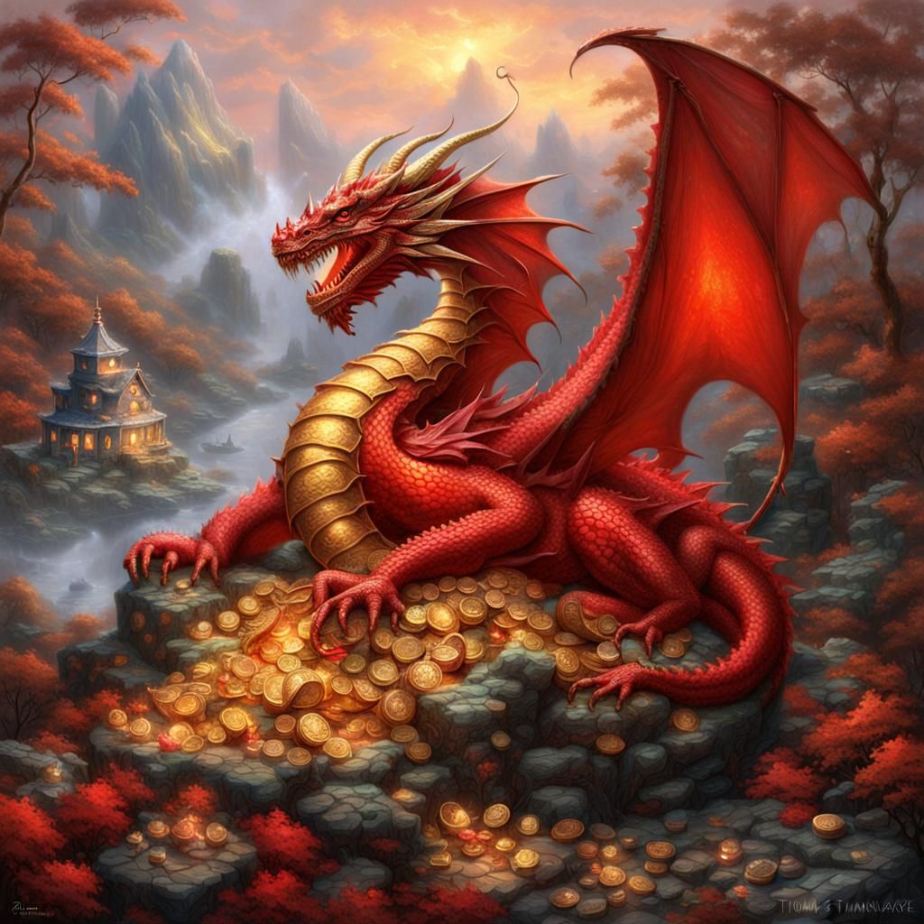 Red Dragon Asleep on Treasure in Ethereal Fantasy Style