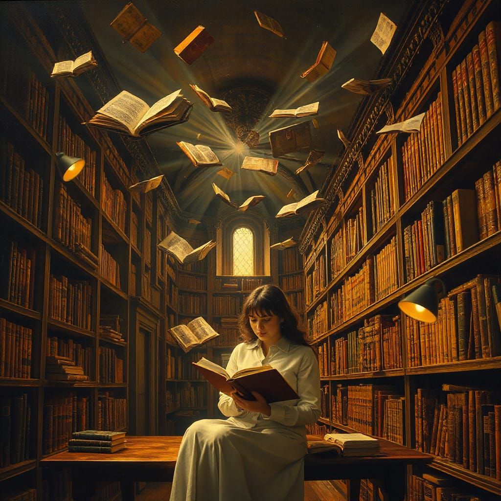 Enchanted Library: Woman Reading in Surrealist Style