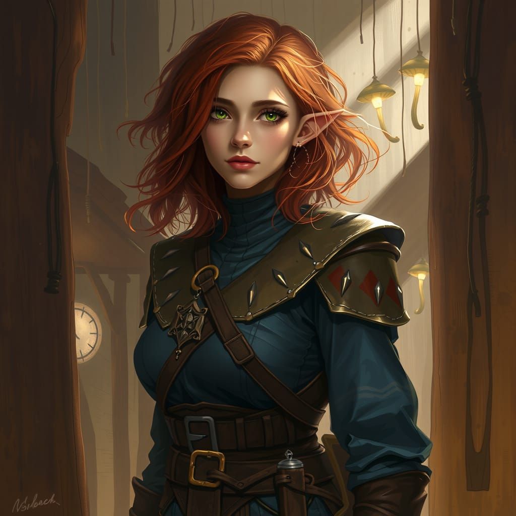 Whimsical Elf Scout in a Mystical Village at Twilight