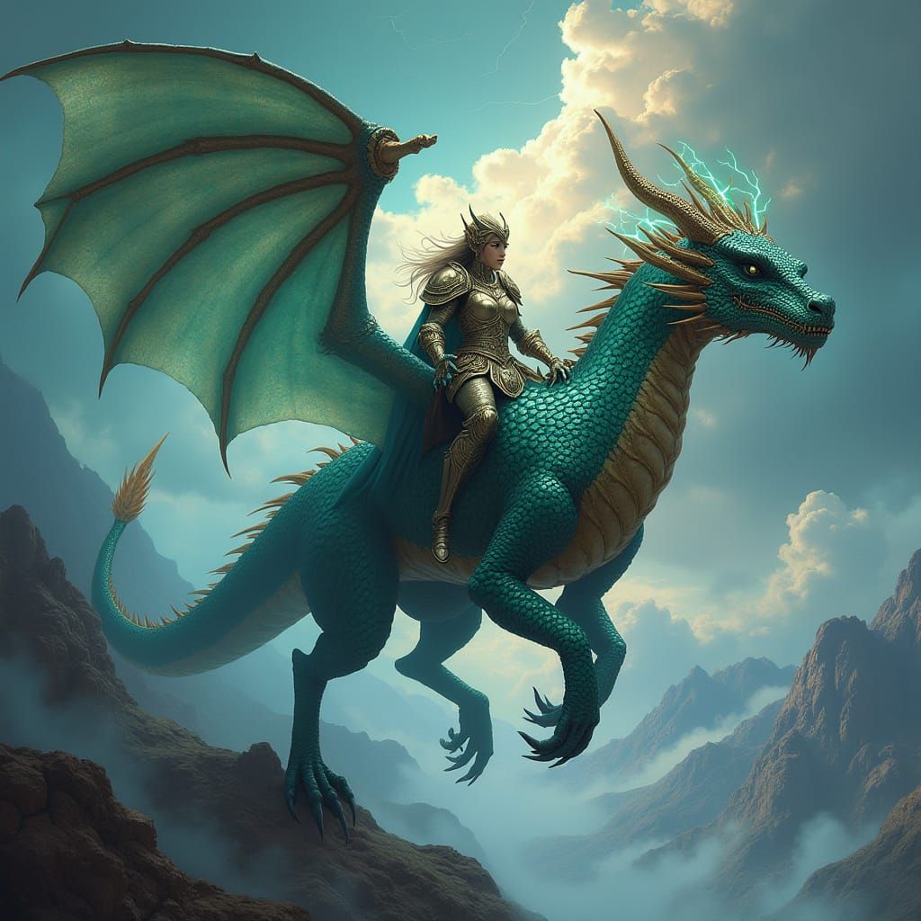 Regal Dragon Rider Soars Through Turbulent Skies