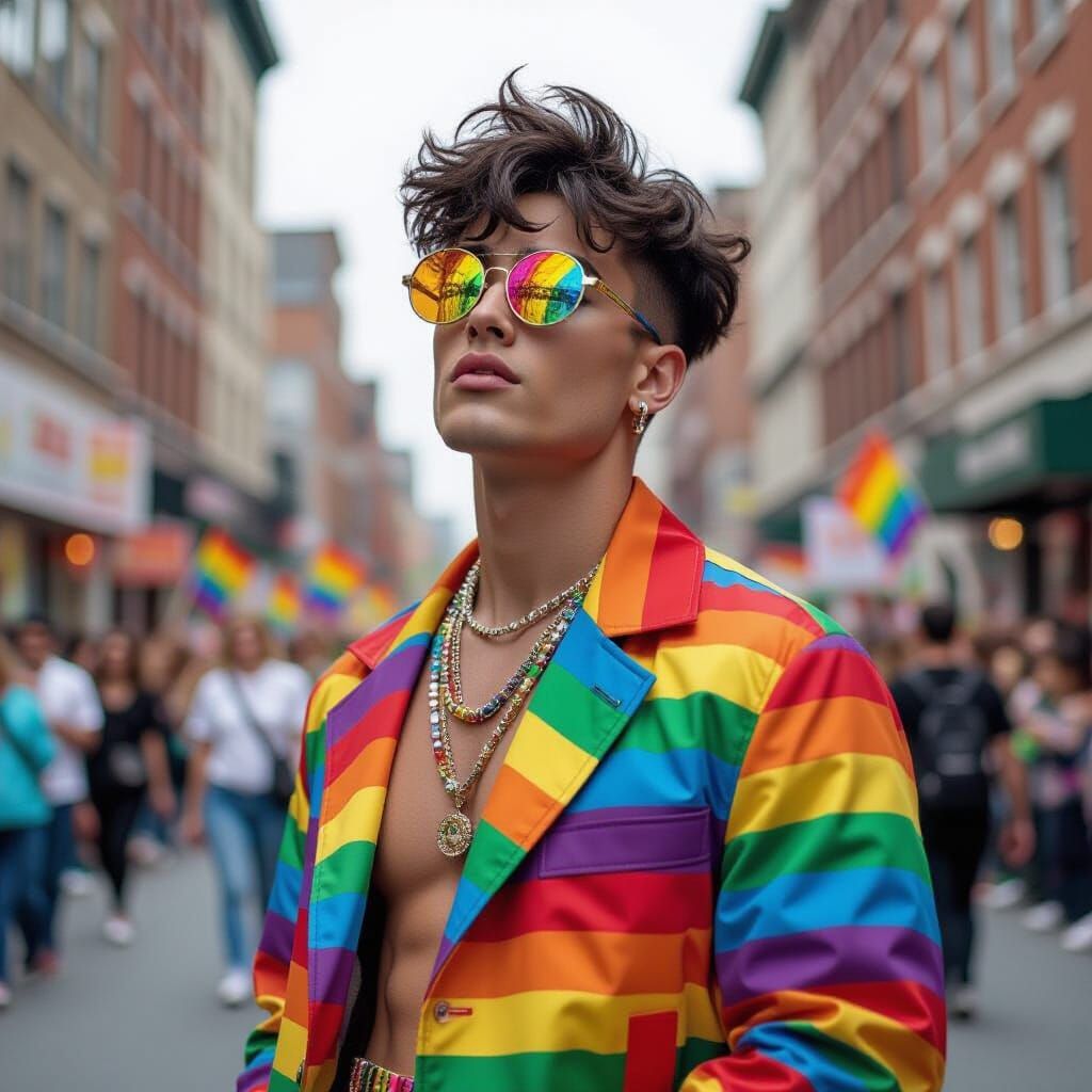 Confident Queer Man in Vibrant Streetwear at Pride Parade