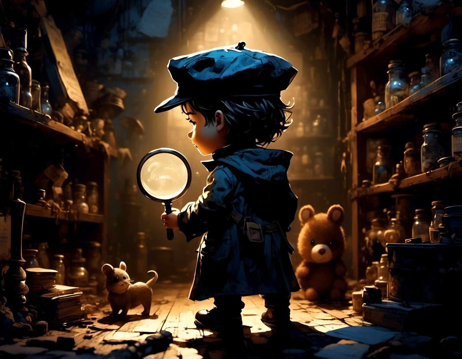 Chibi Detective Investigates Toy Mystery in Dark Basement