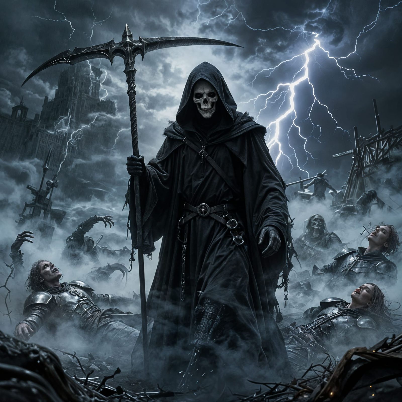 Grim Reaper Amidst Thunderstorm, Dark Fantasy Art