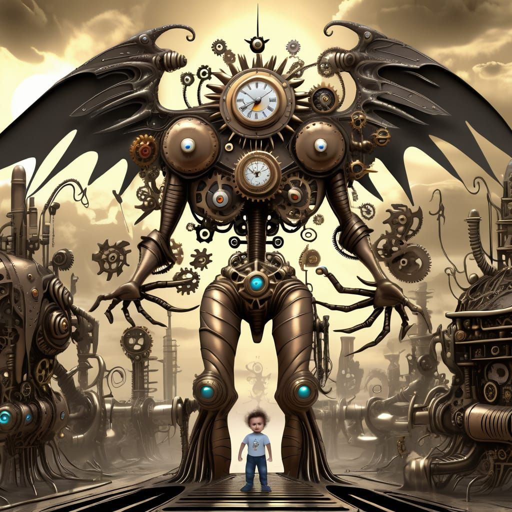 Clockwork Superhero Dad Saves Child: Biomechanical Surrealis...