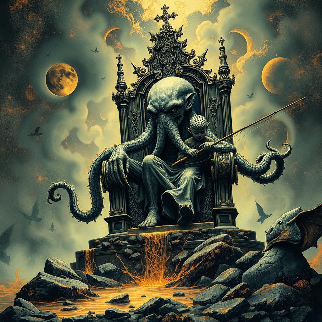 Father and Son Fishing with Cthulhu, Ink Blot Art