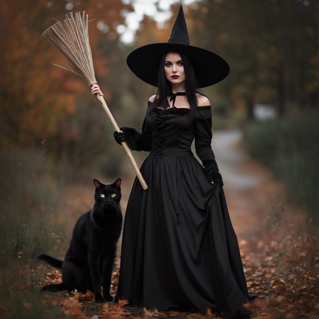 Salem Witch Halloween Costume with Black Cat