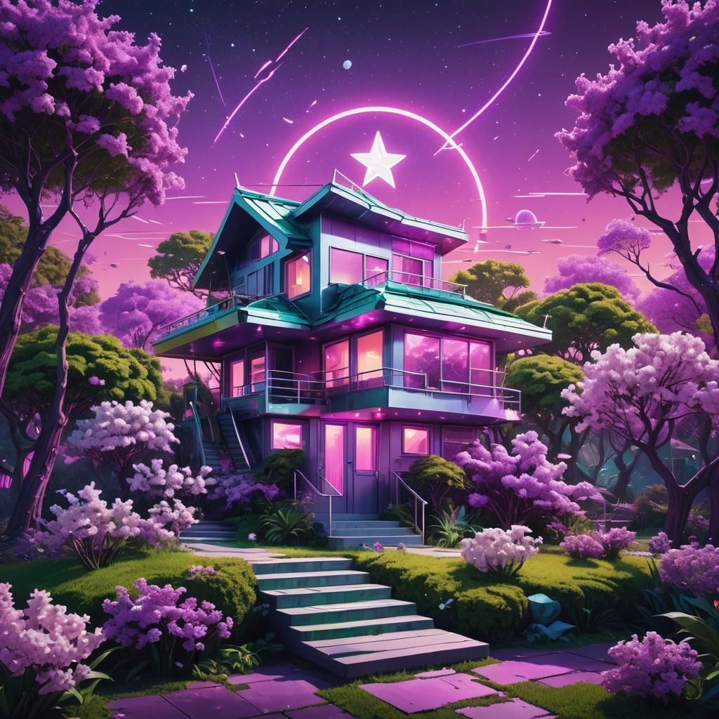 Synthwave Floating Star House in Galactic Garden