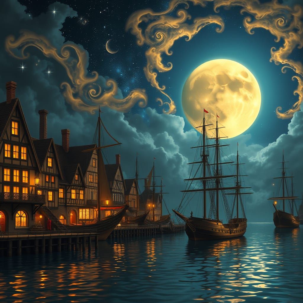 Sailing Ships under a Golden Full Moon