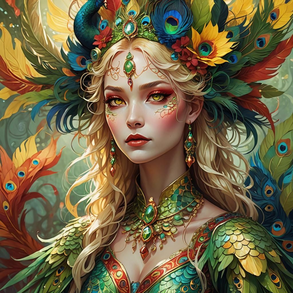 Dragon Peacock Woman Portrait in Art Nouveau Style