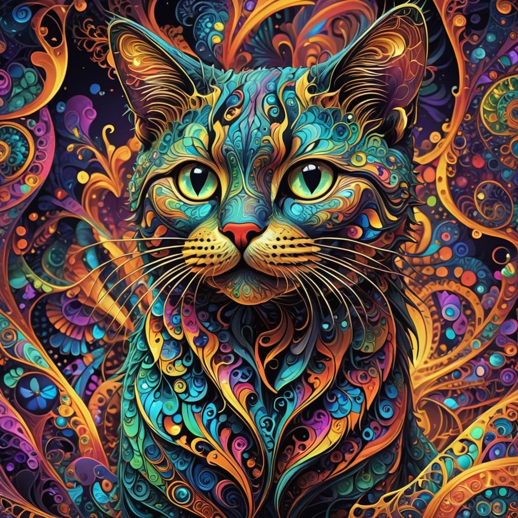 Abstract Cat with Glowing Heart in Fractal Dreamscape