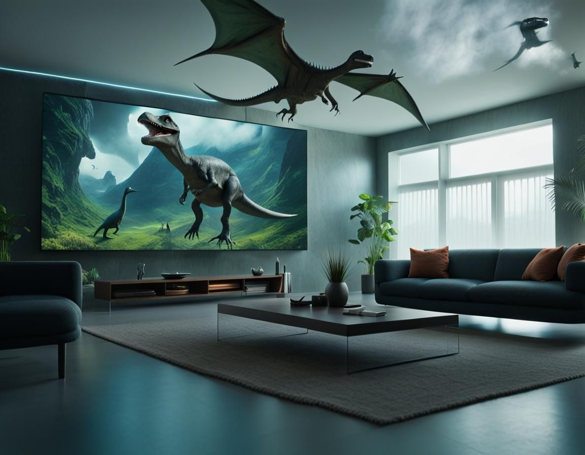 Hyperrealistic Sci-Fi Living Room with Prehistoric Scene