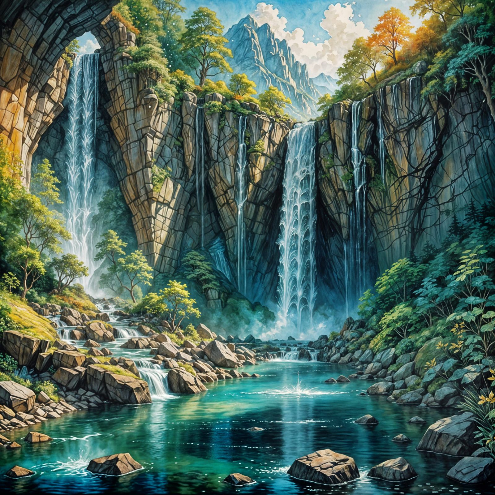 Epic Elven Waterfall Masterpiece in Vibrant Watercolor