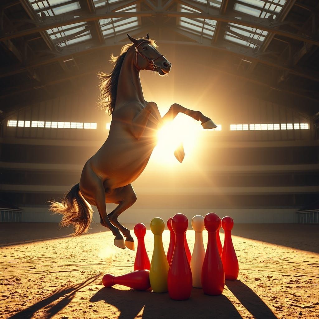 Thoroughbred Stallion Leaping Juggling Pins in Golden Hour