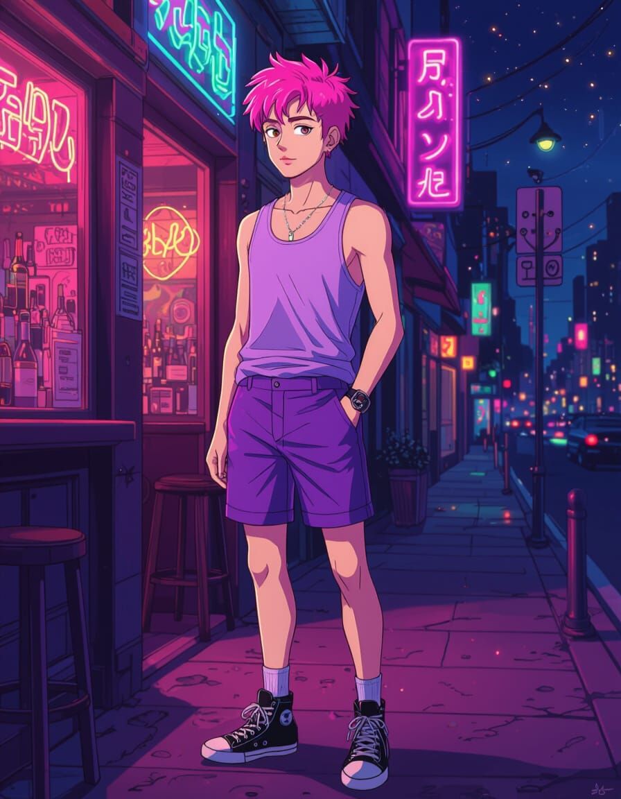 Pink-Haired Man Outside Bar in Futuristic Style