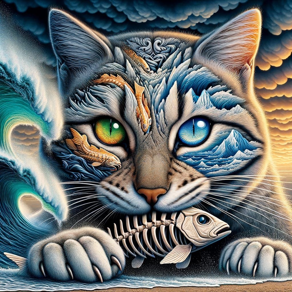 Majestic Cat in Motion with Diverse Landscapes and Sword