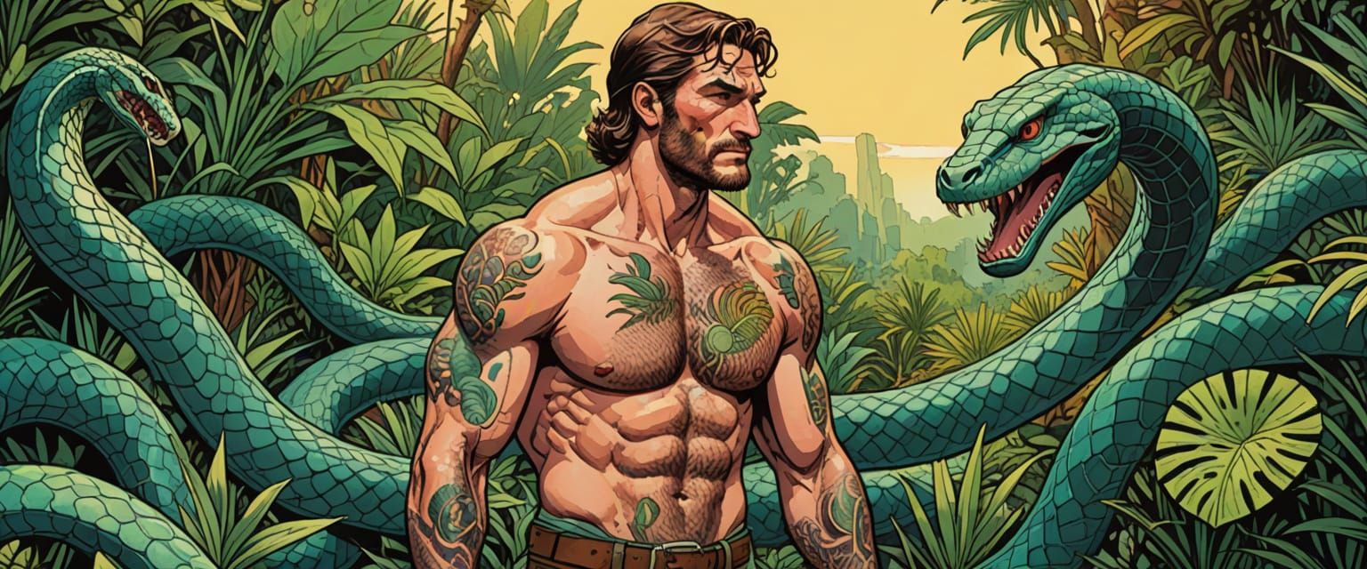 Tattooed Warrior Battles Giant Snake in Lush Jungle