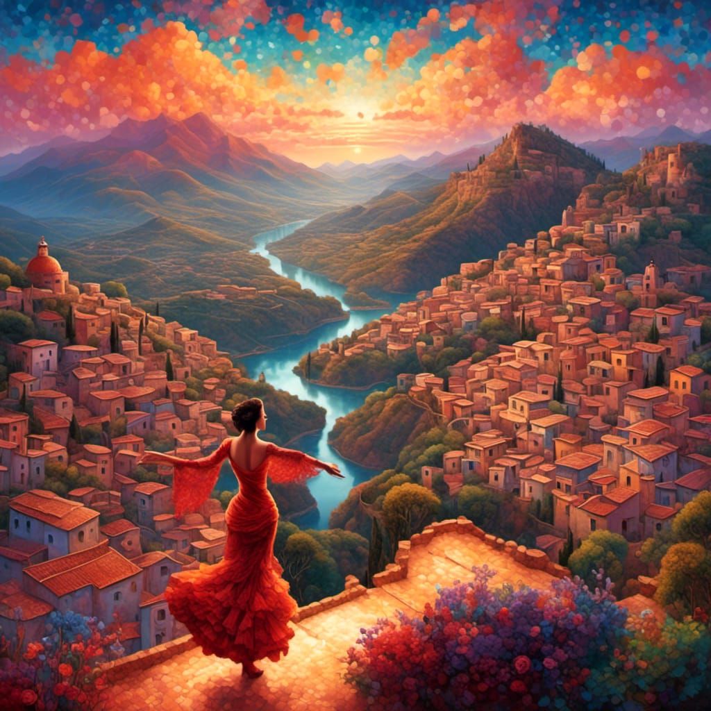 Flamenco Dancer Overlooking Mexican Village as Pointillist P...