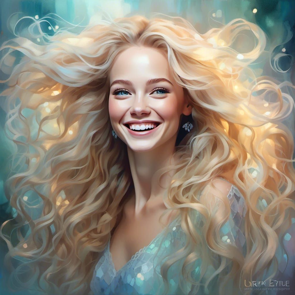 Joyful Blonde Woman Portrait in Double Exposure Style