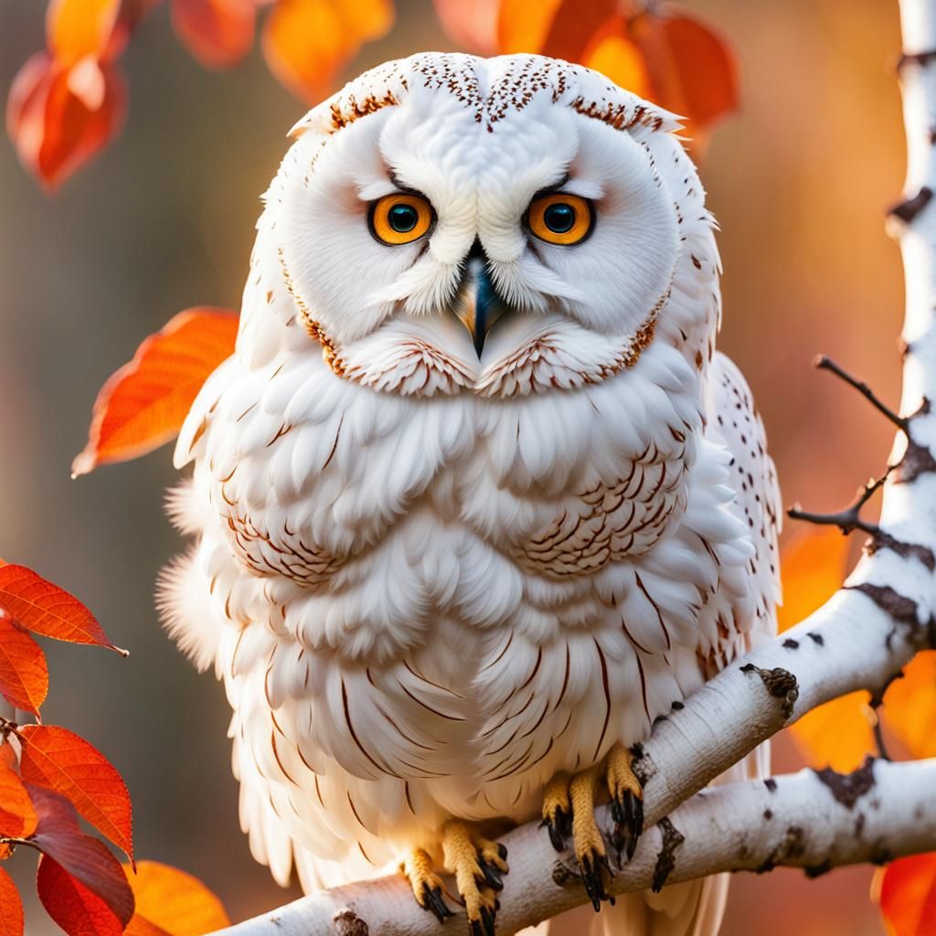 Majestic White Owl in Autumn Birch Forest
