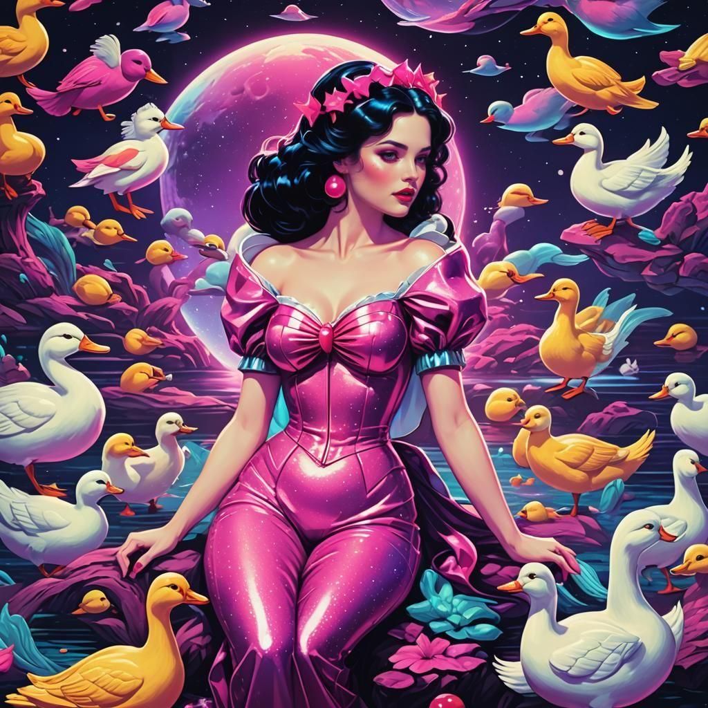 Synthwave Space Mermaid with Ducks in Neon