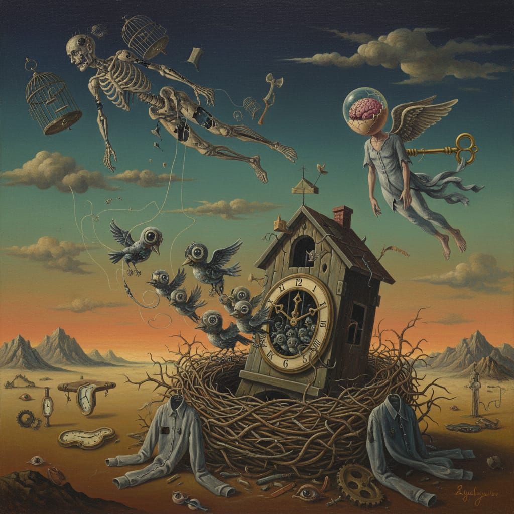 Surreal Human Flies Over Cuckoo's Nest in Dali Style