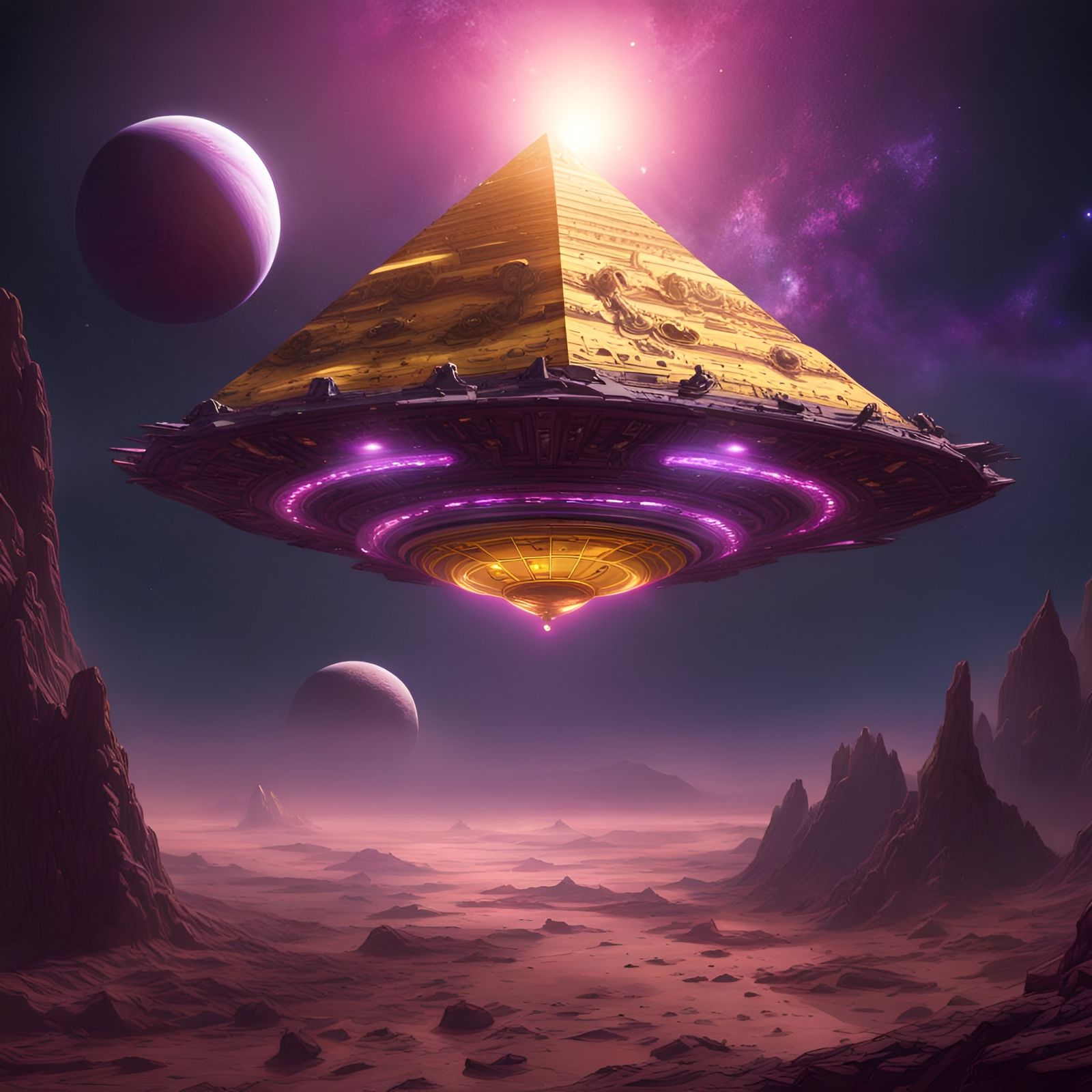 Pyramid UFO Orbiting Planet in Dark Fantasy Style