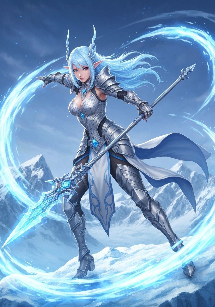 Ice Elf Warrior with Crystal Spear, in 3D Anime Style