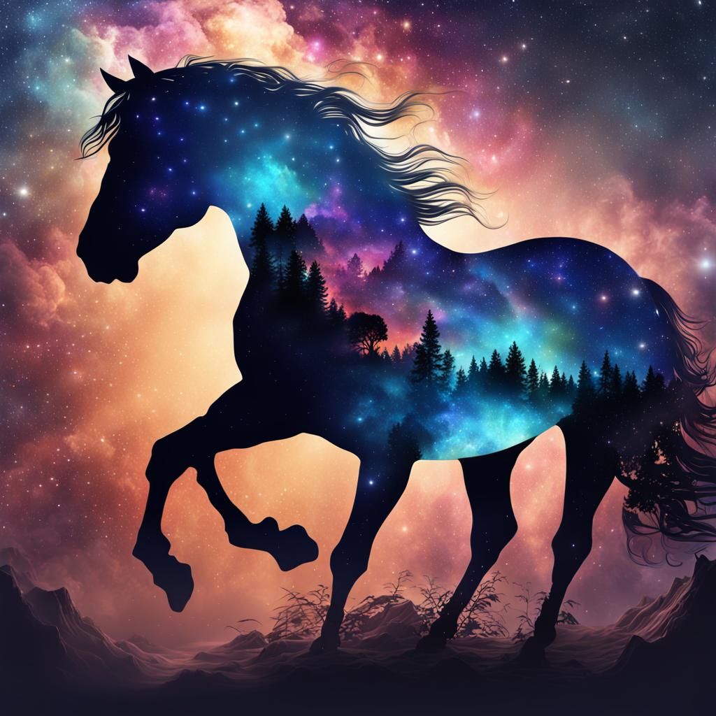 Mythical Galaxy Horse Silhouette in Detailed Painting