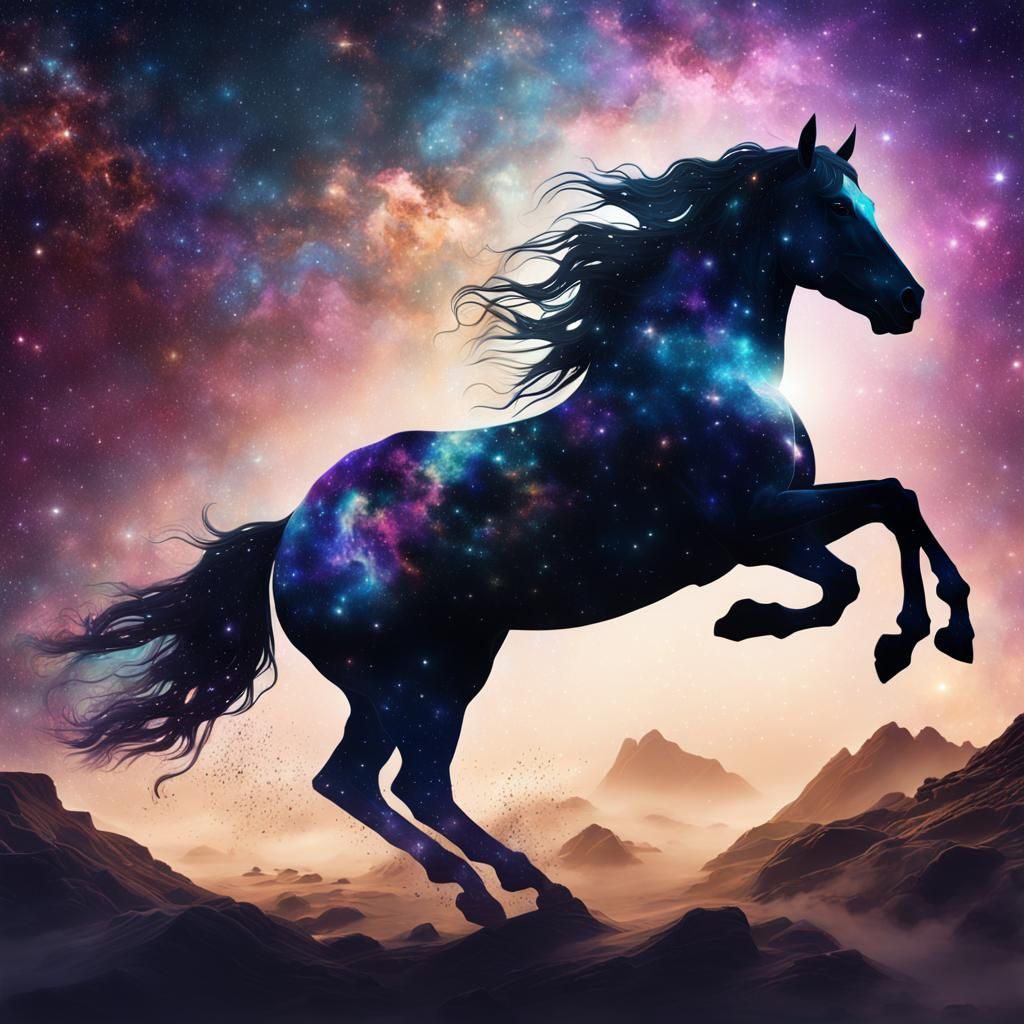 Mythical Horse Silhouette with Galaxy Double Exposure
