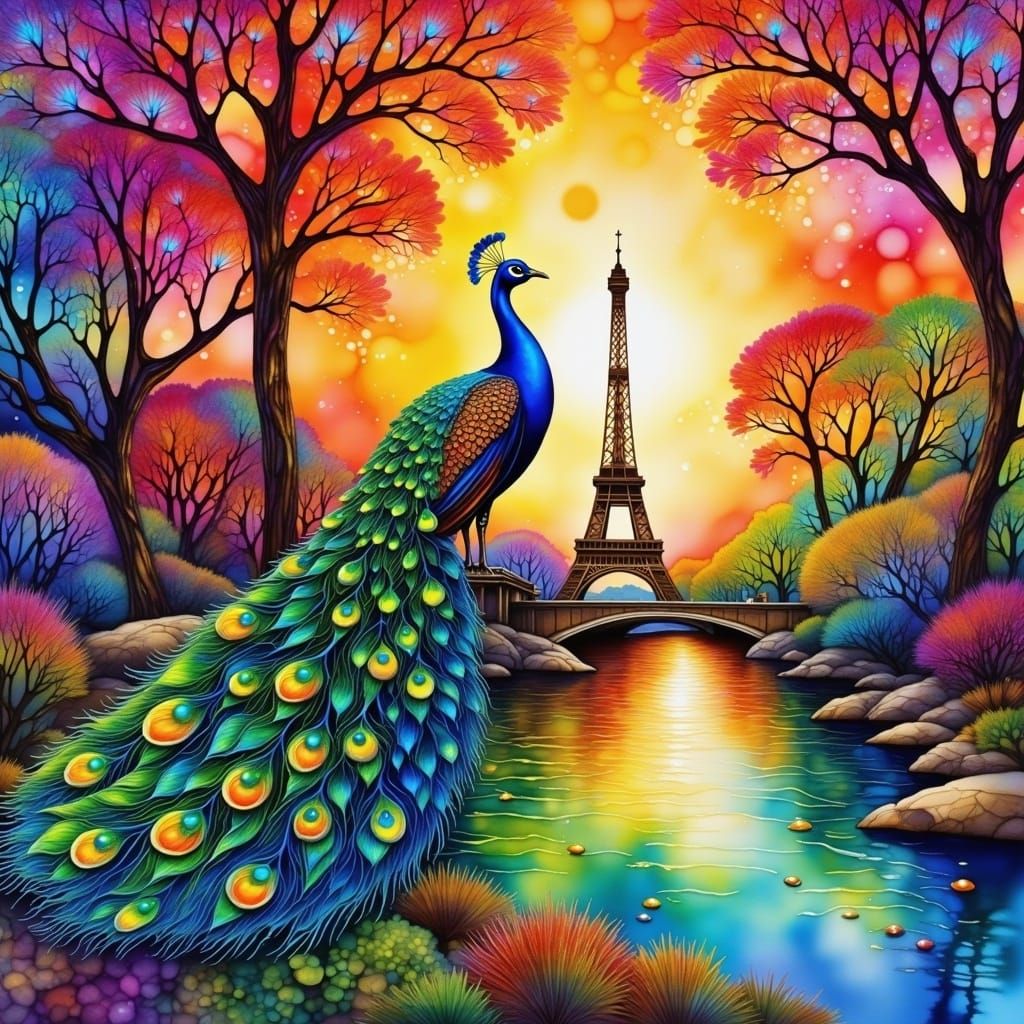 Peacock in Paris at Watercolor Sunrise