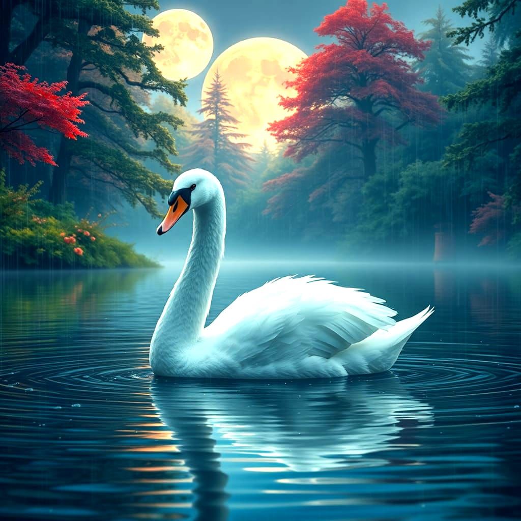 Milk White Swan in Rainy Lake: Fantasy Art