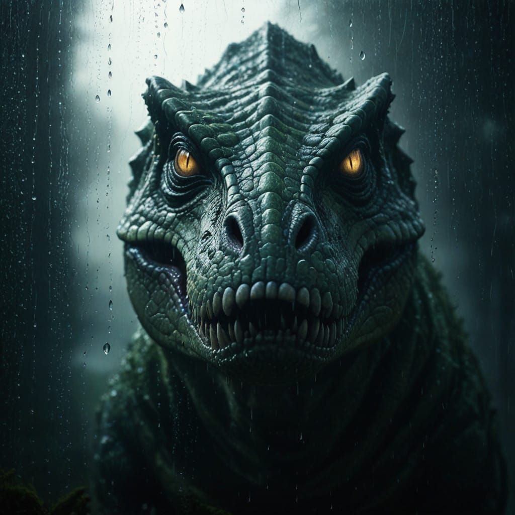 Tyrannosaurus Rex with Razor-Sharp Teeth in Rainy Window Sho...